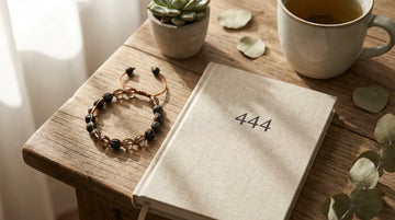 Black tourmaline bracelet beside journal with 444 angel number written in soft sunlight