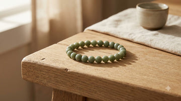 Handcrafted natural green jade gemstone bracelet for wealth and intention setting resting on a wood surface
