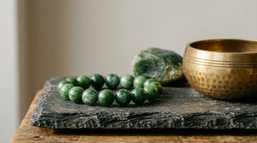 Authentic handcrafted green nephrite jade bracelet on natural stone surface for prosperity.