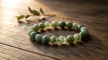 Natural green jade bracelet for wealth and good luck resting on a wooden surface under soft sunlight.