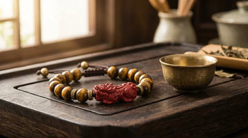 Hand-carved Cinnabar and Tiger Eye Pixiu bracelet for wealth and good luck on a dark wood tray.