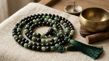 Traditional 108 wooden and jade mala beads with tassel resting on a linen cloth for meditation.
