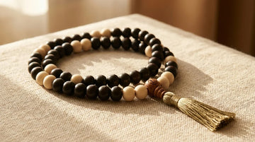 Authentic 108 bead meditation mala with wooden guru bead and silk tassel on linen fabric.