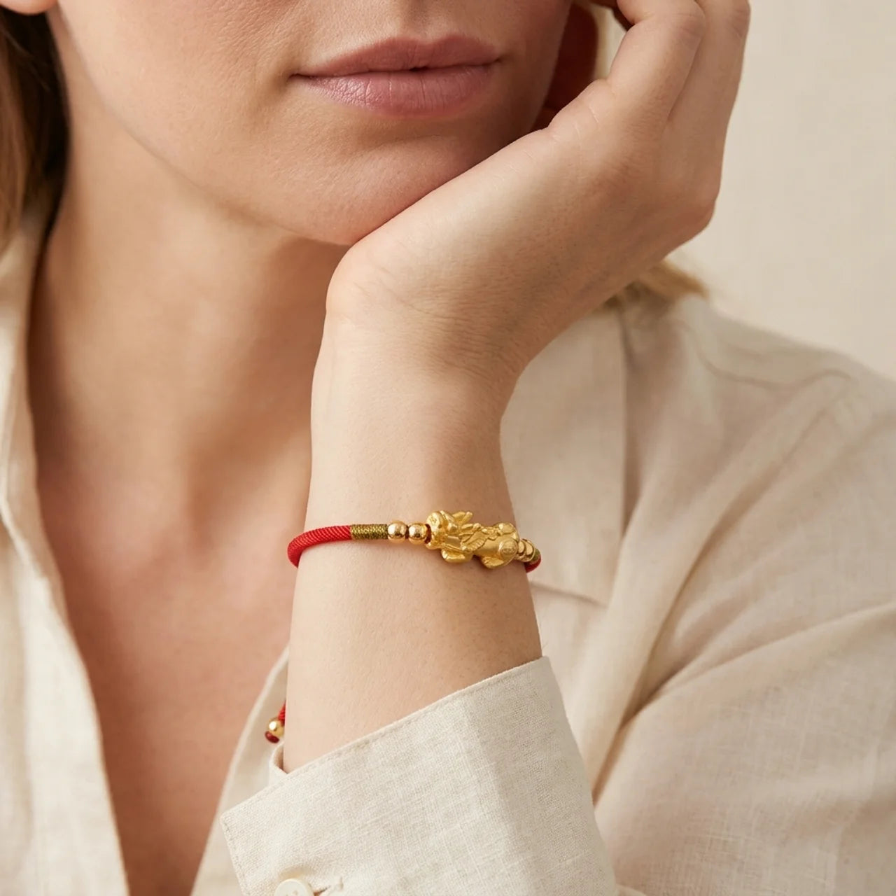 24K Gold-Plated PiXiu Red String Bracelet