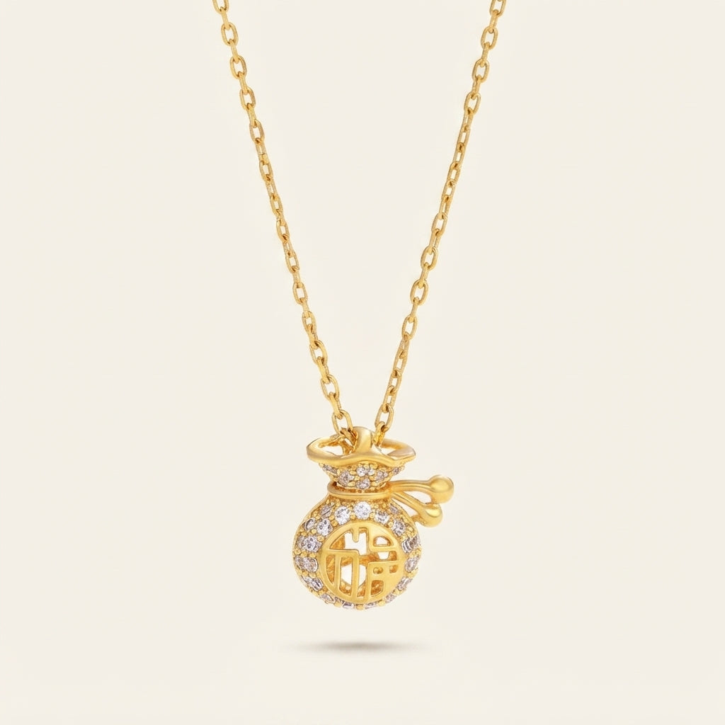24K Gold Plated Fu Character Fortune Money Bag Pendant Necklace