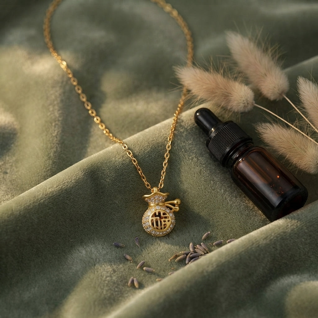 24K Gold Plated Fu Character Fortune Money Bag Pendant Necklace