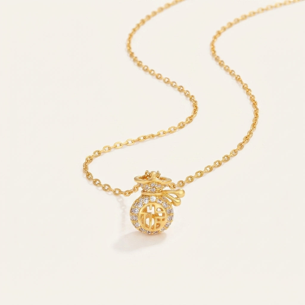 24K Gold Plated Fu Character Fortune Money Bag Pendant Necklace