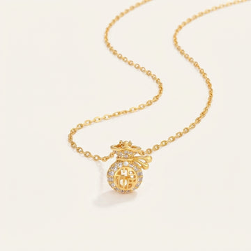 24K Gold Plated Fu Character Fortune Money Bag Pendant Necklace