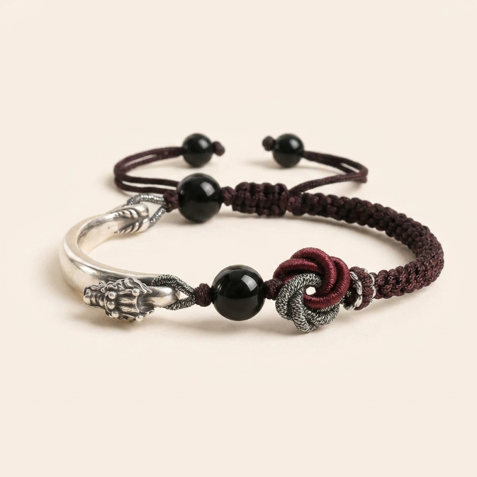 925 Sterling Silver Dragon Red String Bracelet