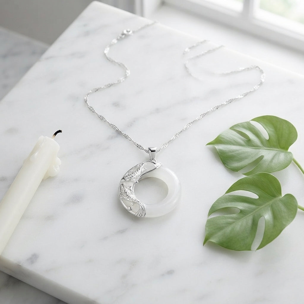 Natural White Jade Koi Lucky Necklace