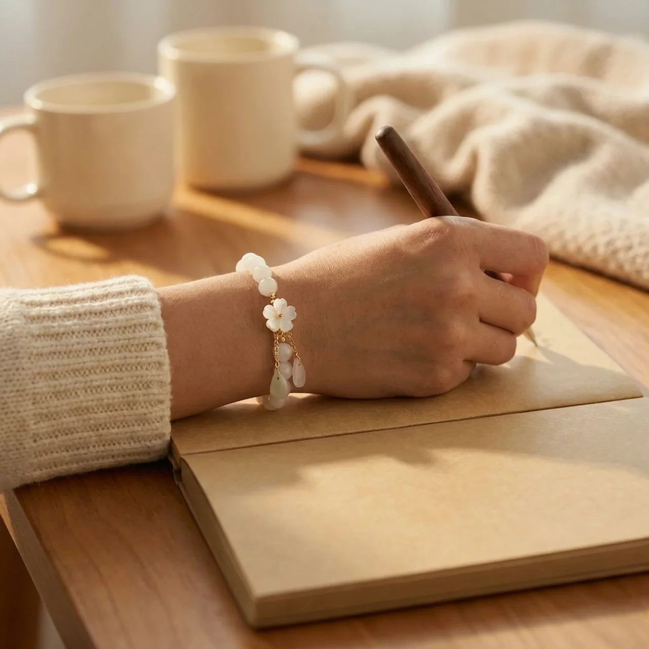 Natural White Jade Beaded Stretch Bracelet