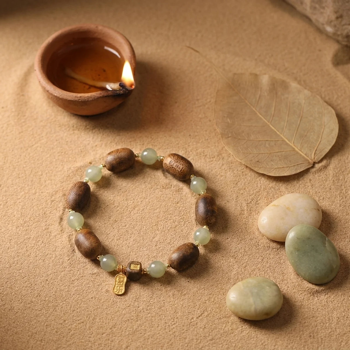 Jade und Holz Perlenarmband