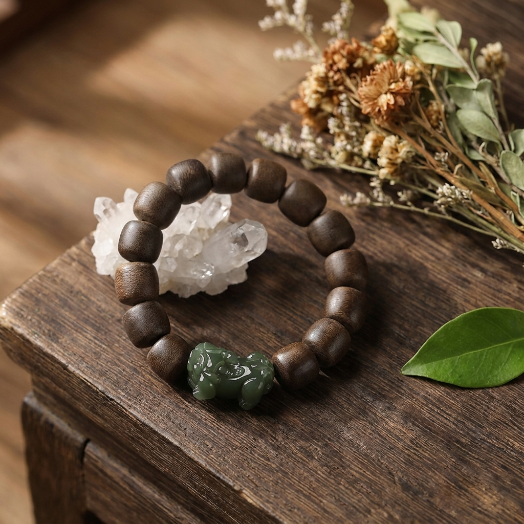 Agarwood and Hotan Jade Pixiu Bracelet