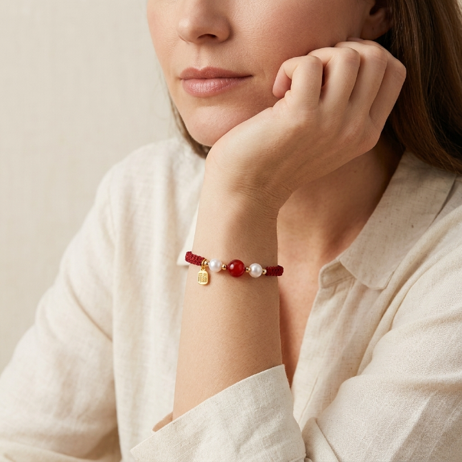 Agate Pearl Silver Fu Red String Bracelet