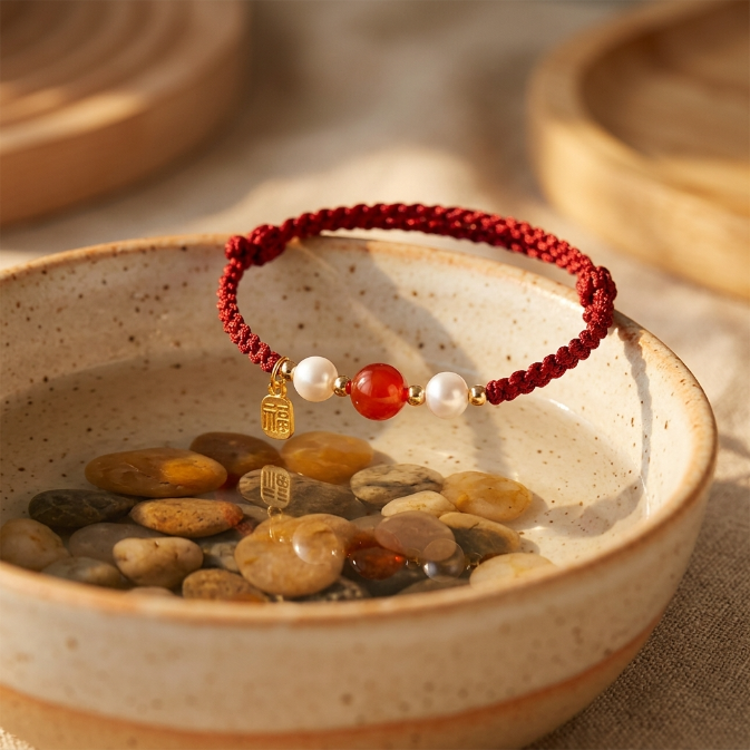 Agate Pearl Silver Fu Red String Bracelet
