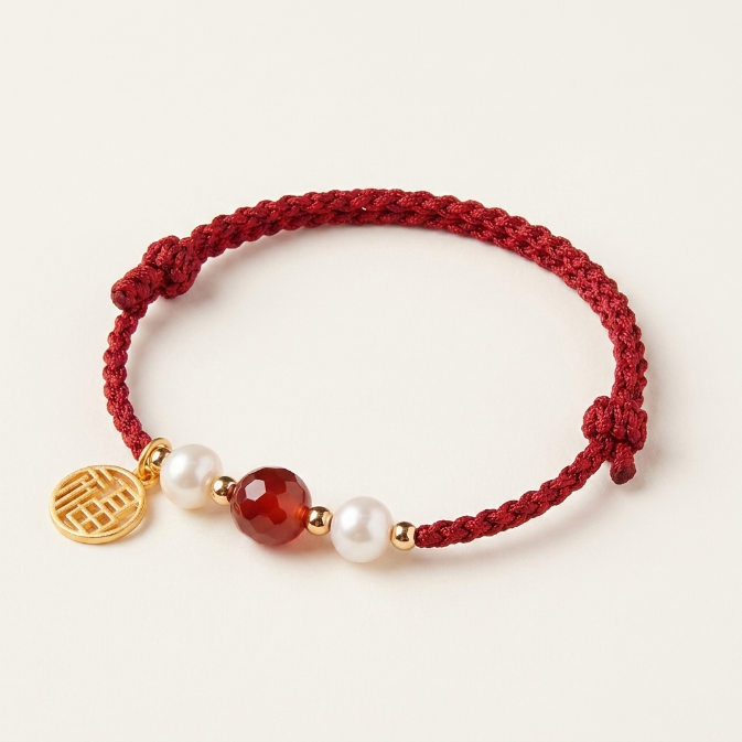 Agate Pearl Silver Fu Red String Bracelet