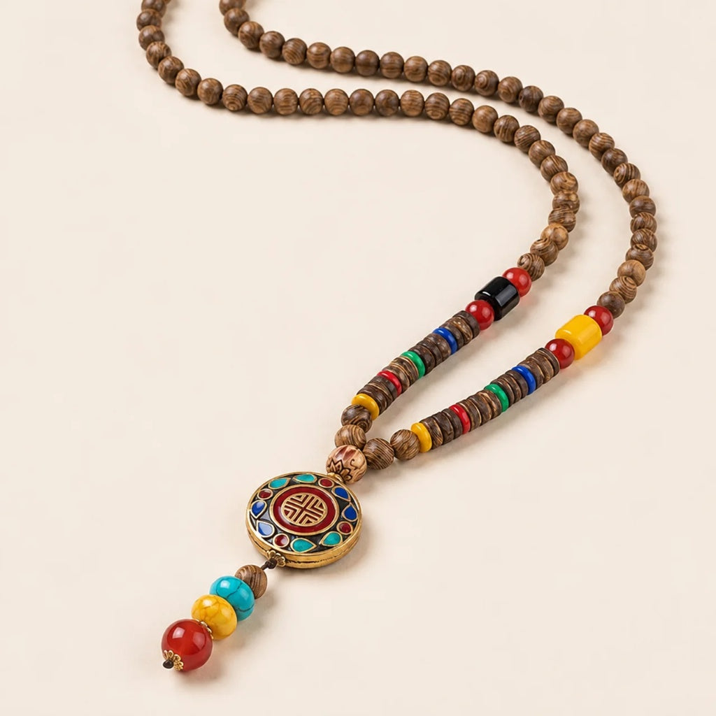 Halsband med turkos, agat, dzi-pärla och bönehjul