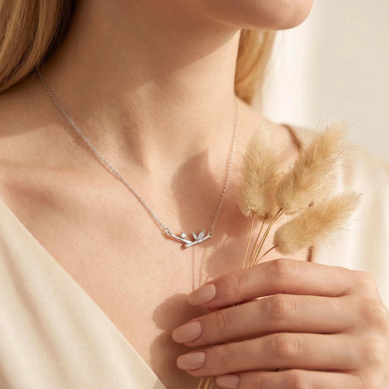 Bamboo Leaf Zircon Pendant Necklace