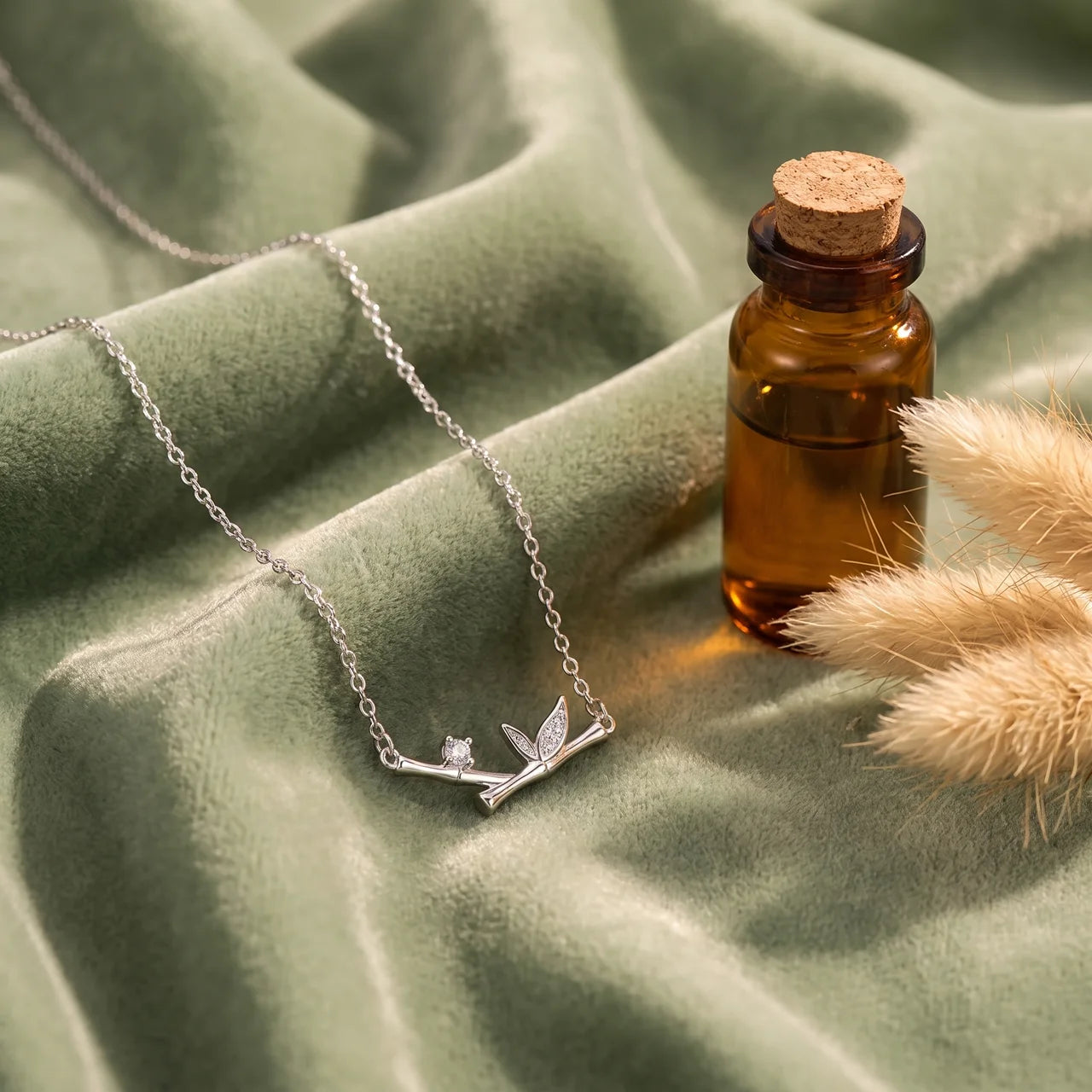 Bamboo Leaf Zircon Pendant Necklace