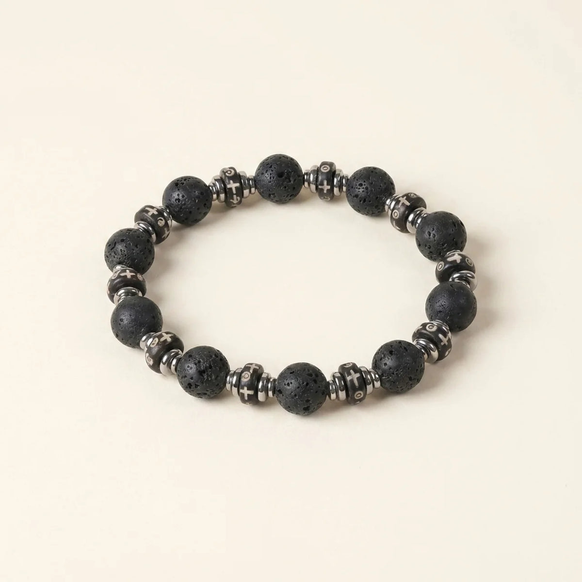 Black Lava Stone Carved Bone Bead Bracelet