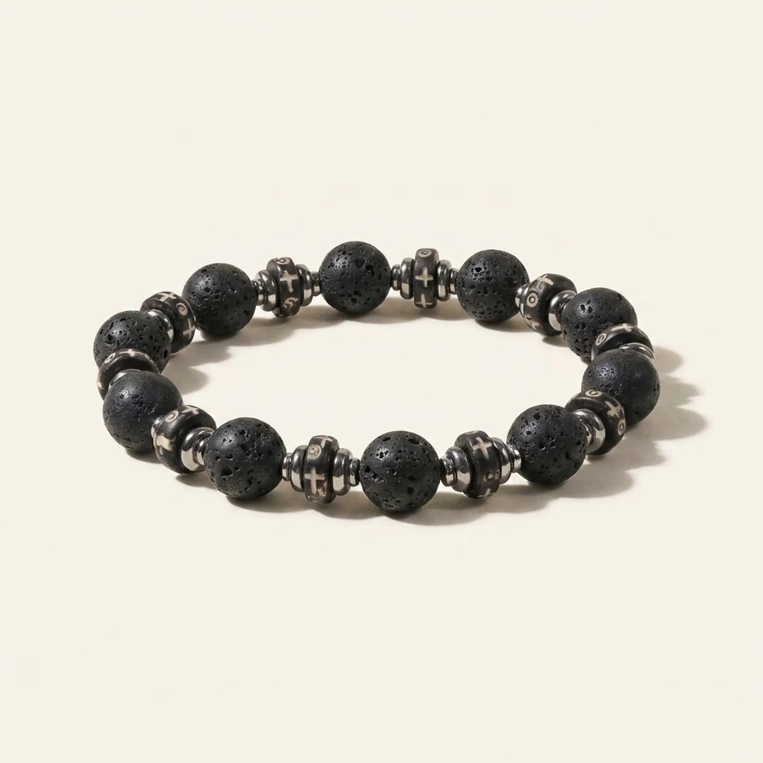 Black Lava Stone Carved Bone Bead Bracelet