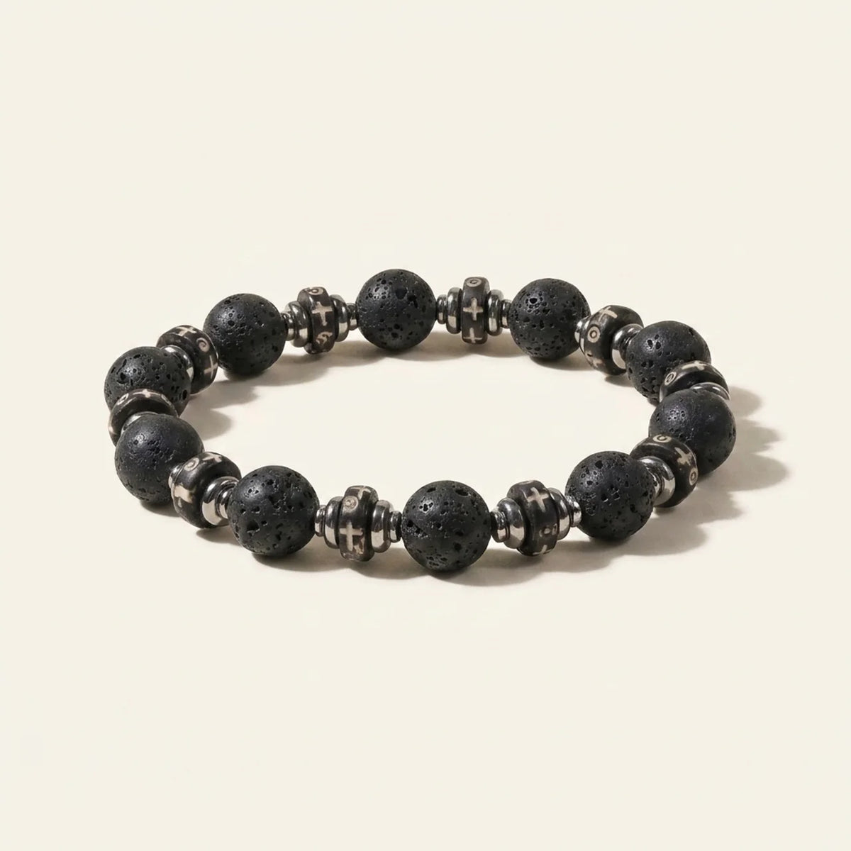 Black Lava Stone Carved Bone Bead Bracelet