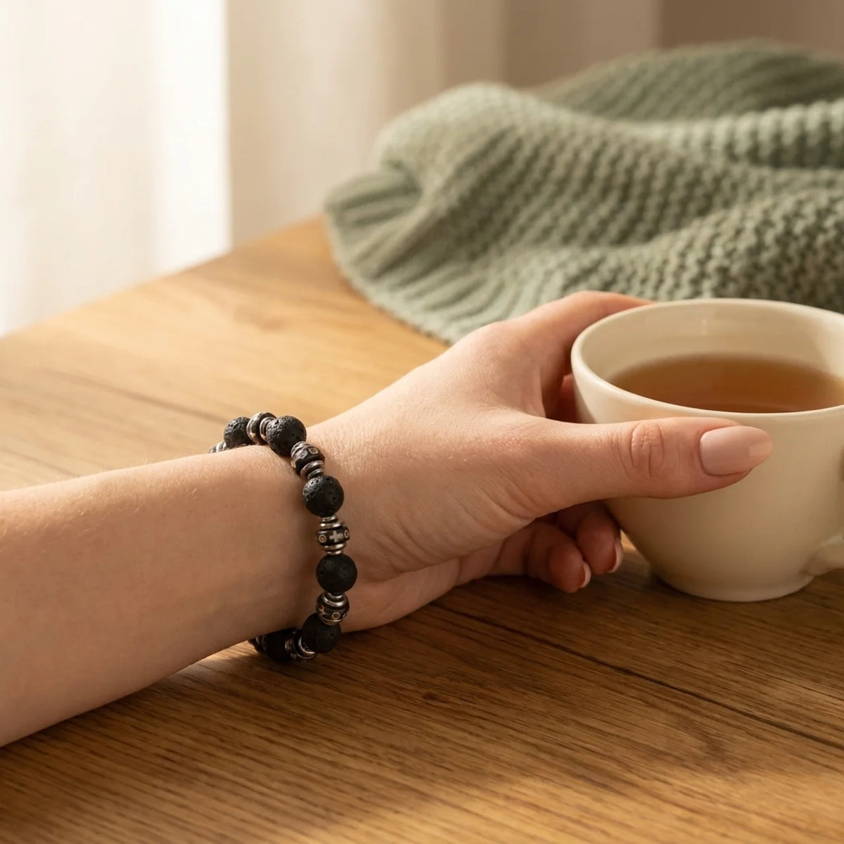 Black Lava Stone Carved Bone Bead Bracelet