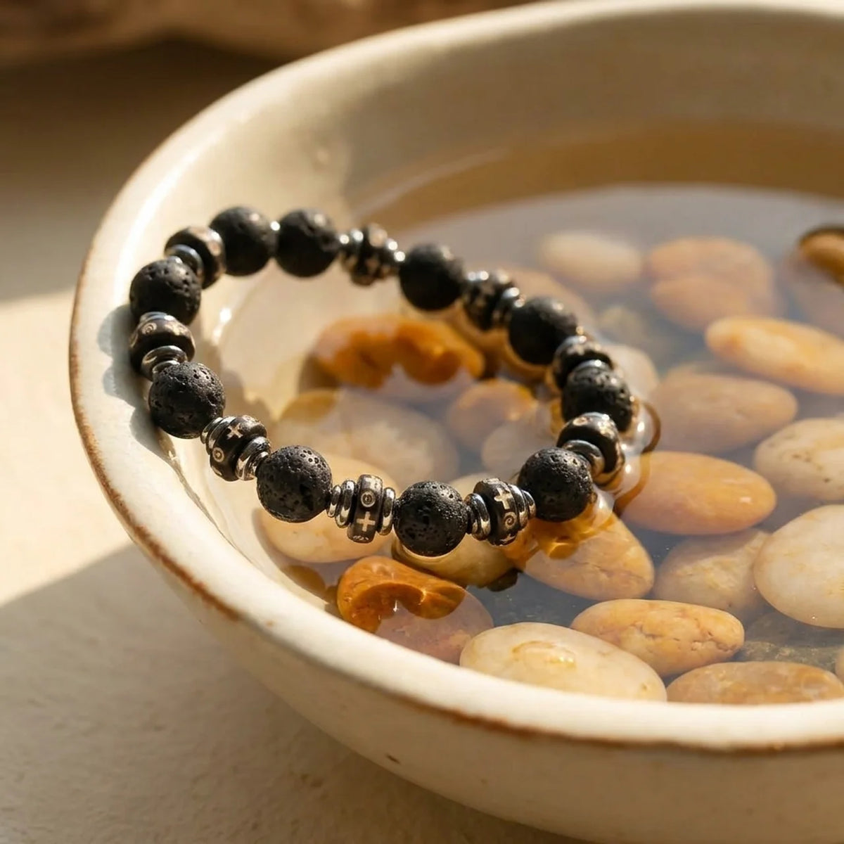 Black Lava Stone Carved Bone Bead Bracelet