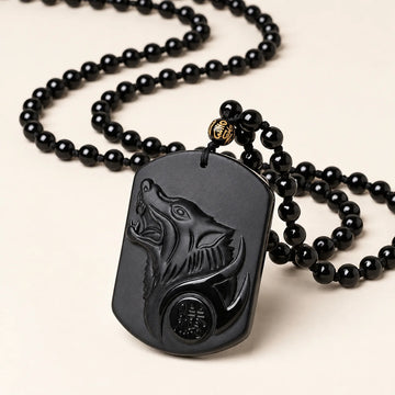 Black Obsidian Carved Wolf Pendant Necklace
