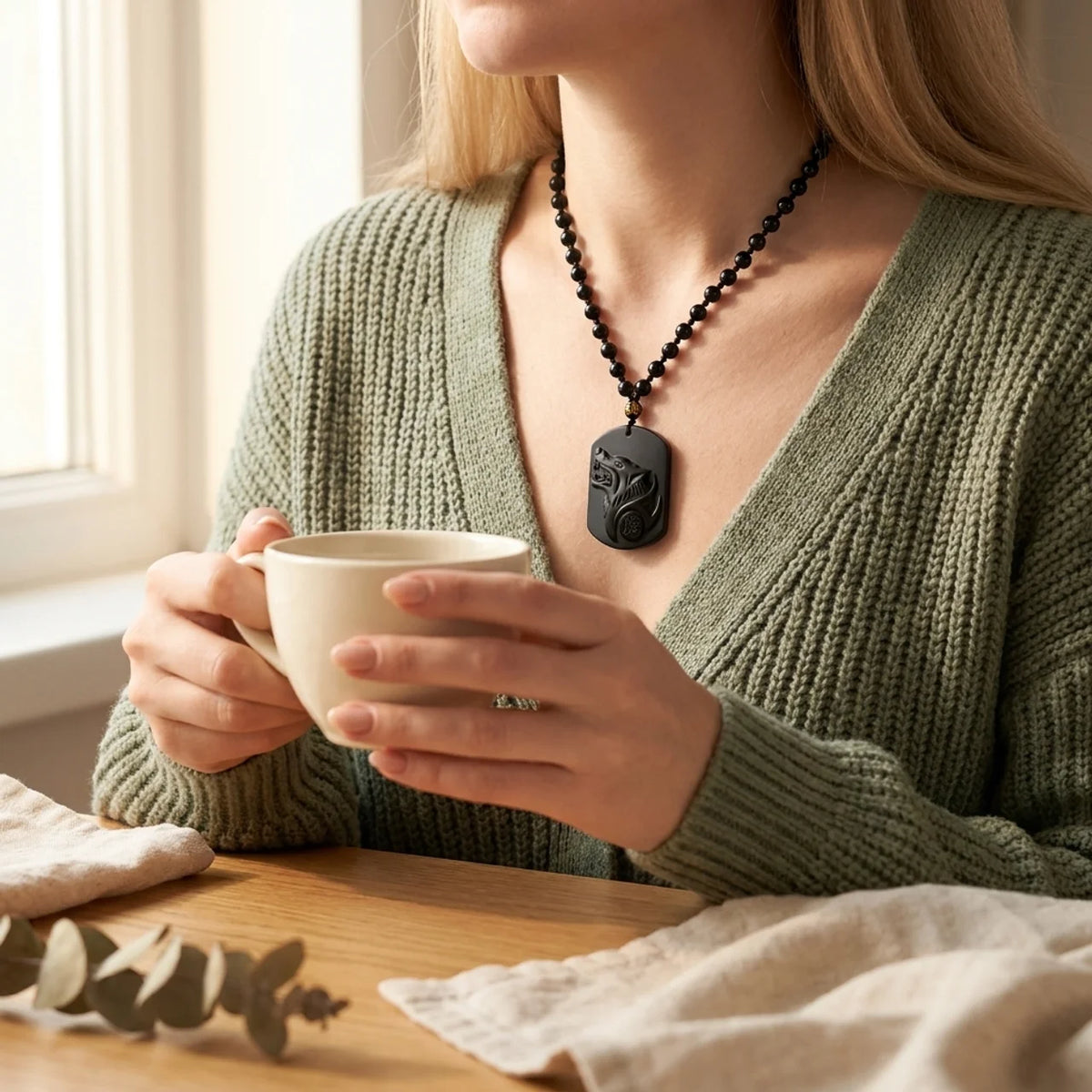 Black Obsidian Carved Wolf Pendant Necklace