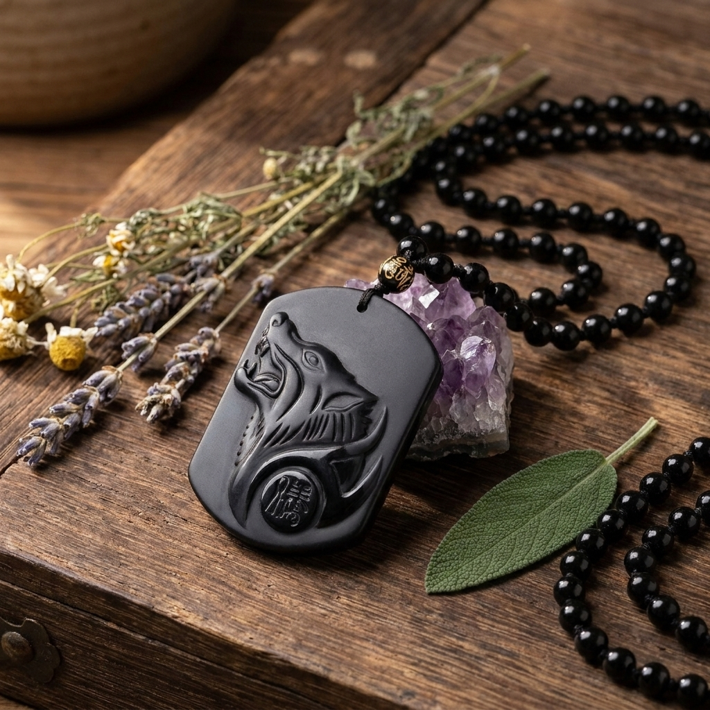 Black Obsidian Carved Wolf Pendant Necklace