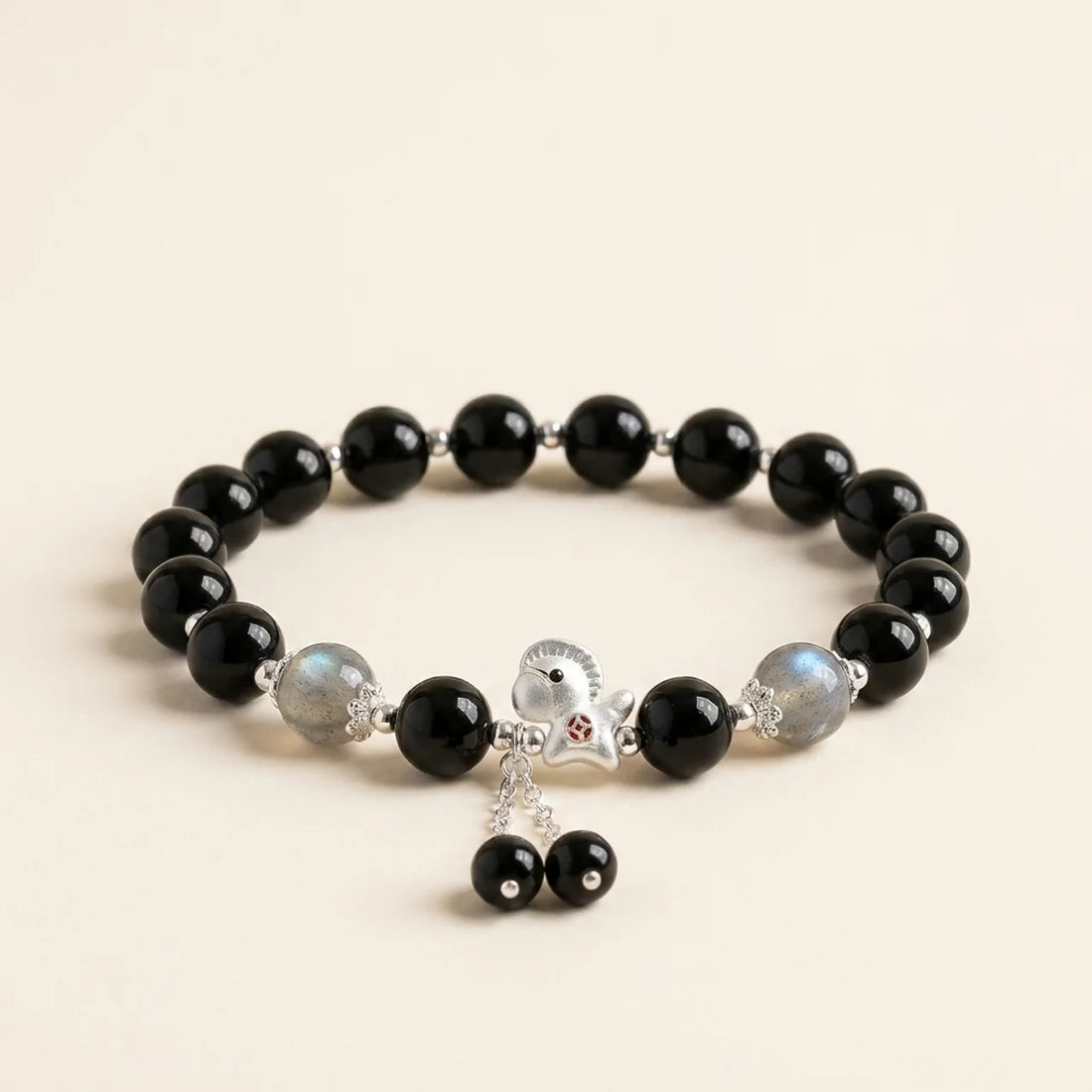Black Obsidian Grey Moonstone Horse Bracelet
