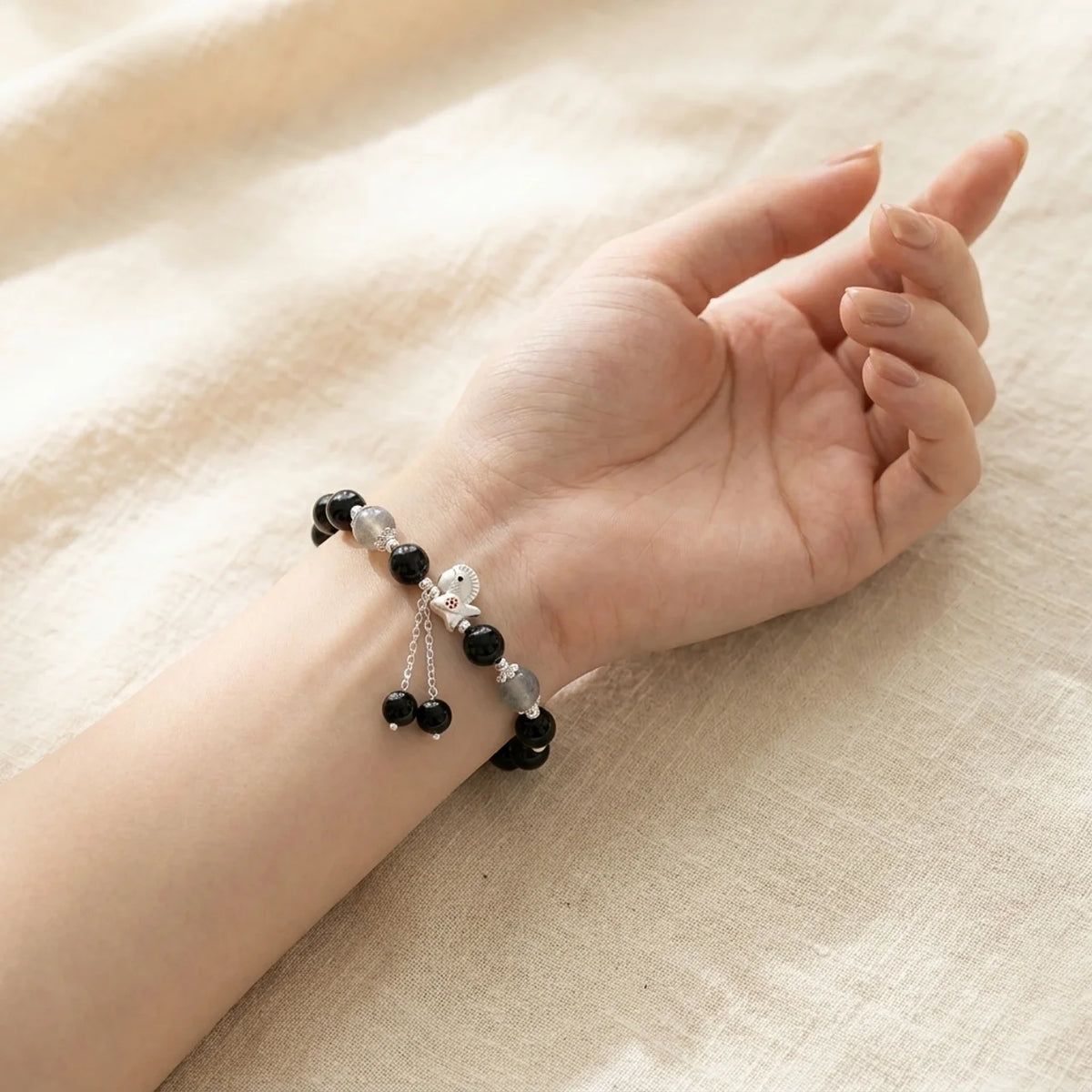 Black Obsidian Grey Moonstone Horse Bracelet