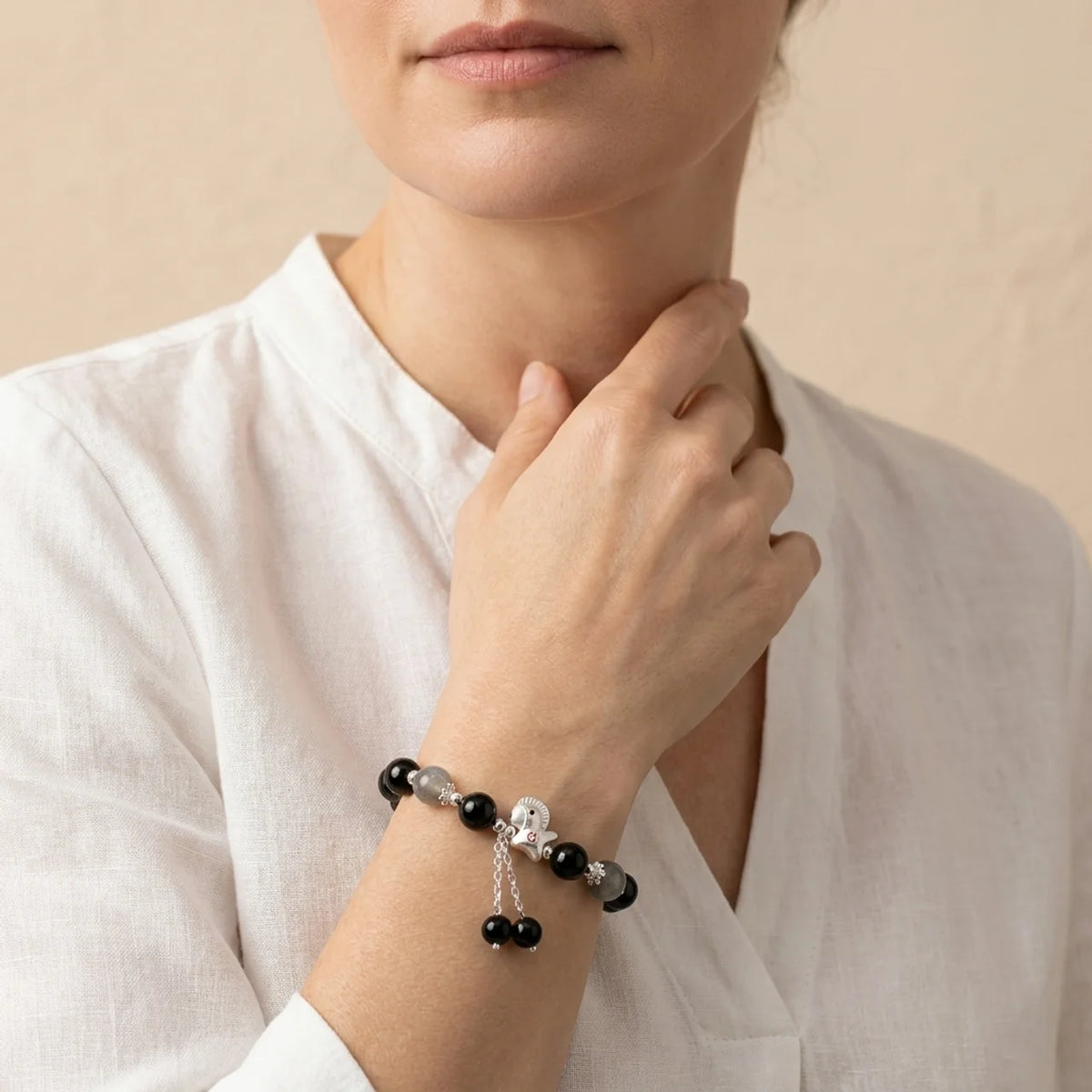 Black Obsidian Grey Moonstone Horse Bracelet