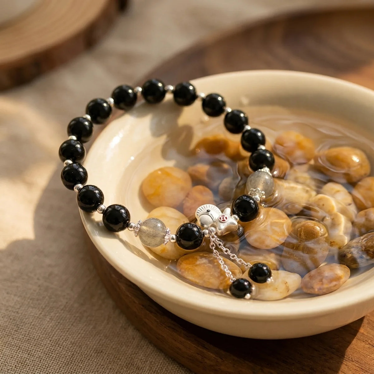 Black Obsidian Grey Moonstone Horse Bracelet