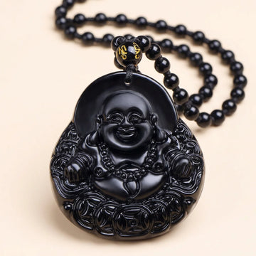 Black Obsidian Laughing Buddha Pendant Necklace