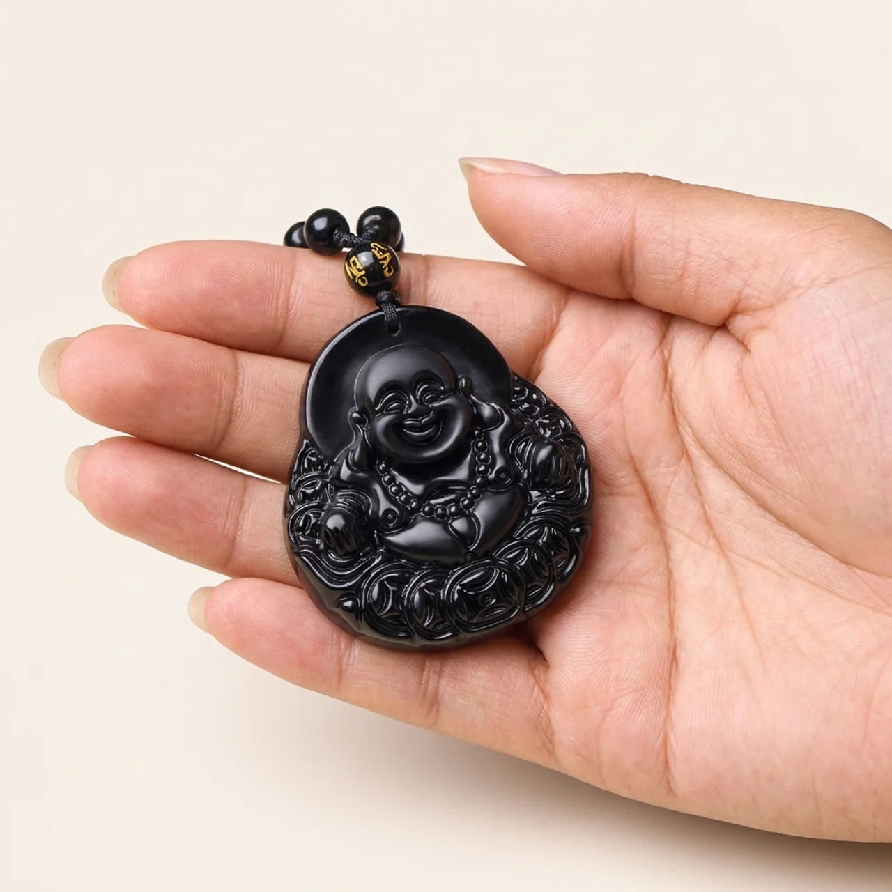 Black Obsidian Laughing Buddha Pendant Necklace
