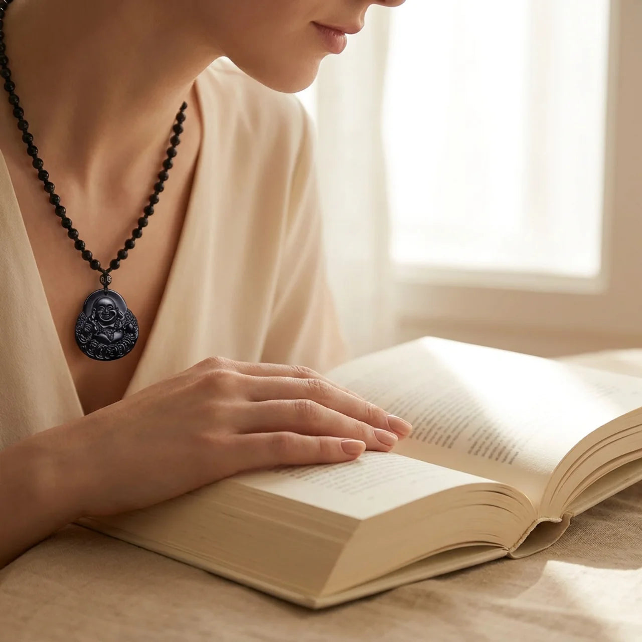 Black Obsidian Laughing Buddha Pendant Necklace