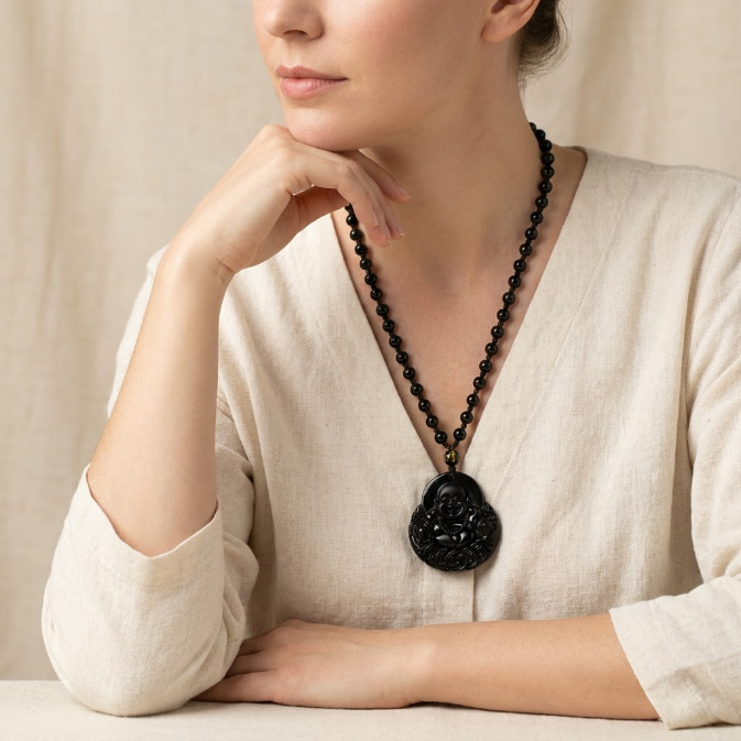 Black Obsidian Laughing Buddha Pendant Necklace
