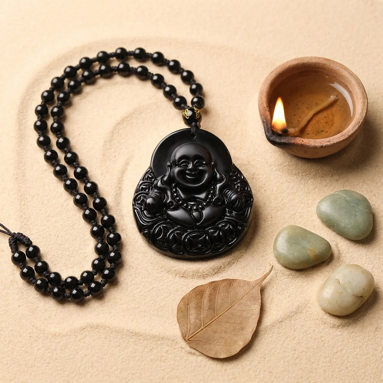 Black Obsidian Laughing Buddha Pendant Necklace
