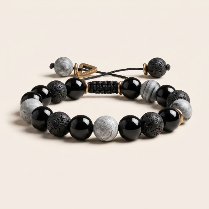 Black Obsidian Lava Rock Yin Yang Bracelet