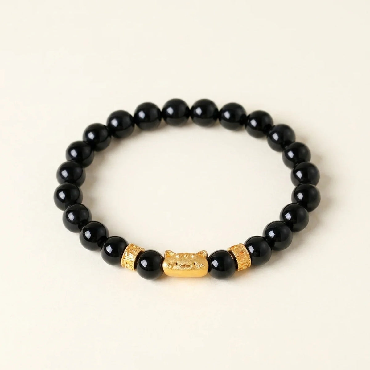 Schwarzer Obsidian Winkekatze Armband