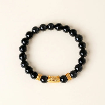 Schwarzer Obsidian Winkekatze Armband