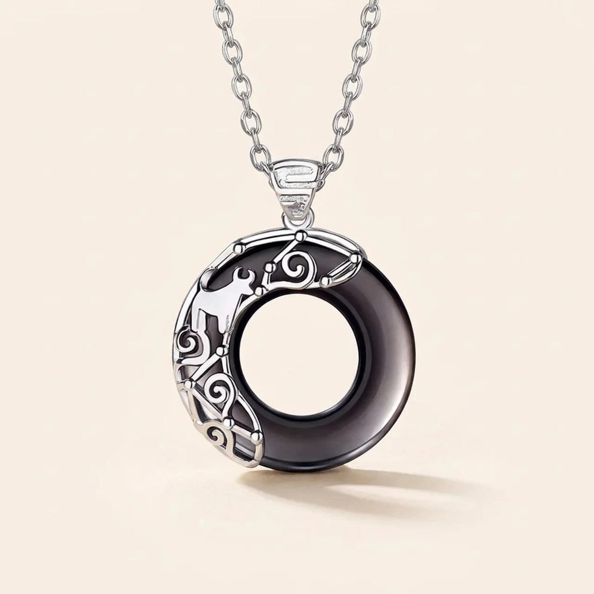 Black Obsidian Zodiac Round Pendant Necklace