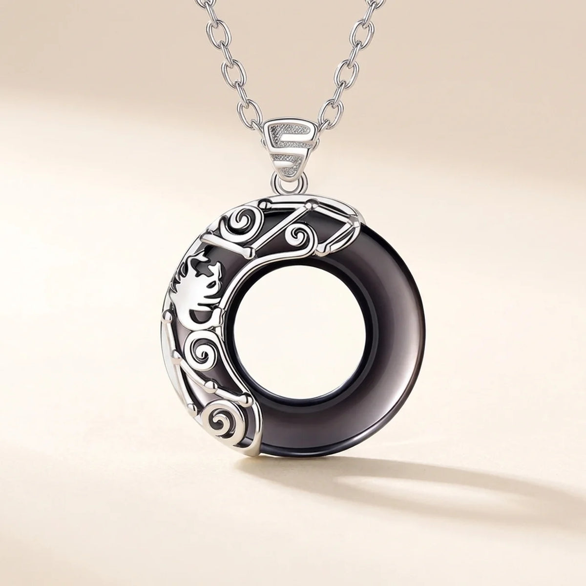 Black Obsidian Zodiac Round Pendant Necklace