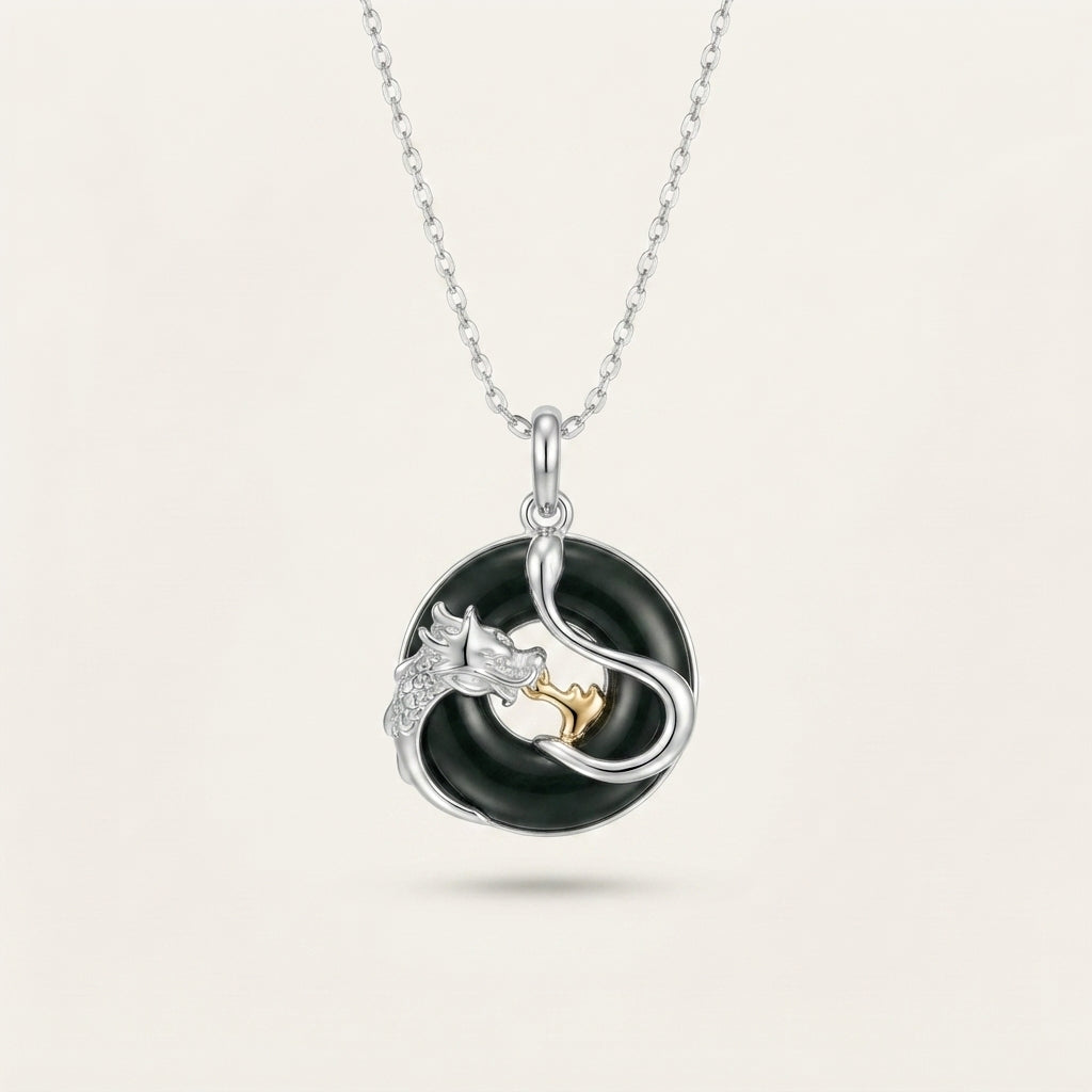 Black Onyx Dragon Phoenix Peace Buckle Pendant Necklace