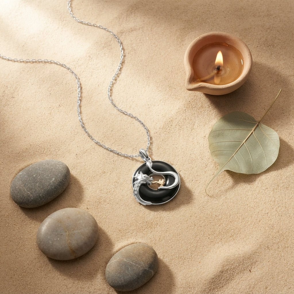 Black Onyx Dragon Phoenix Peace Buckle Pendant Necklace