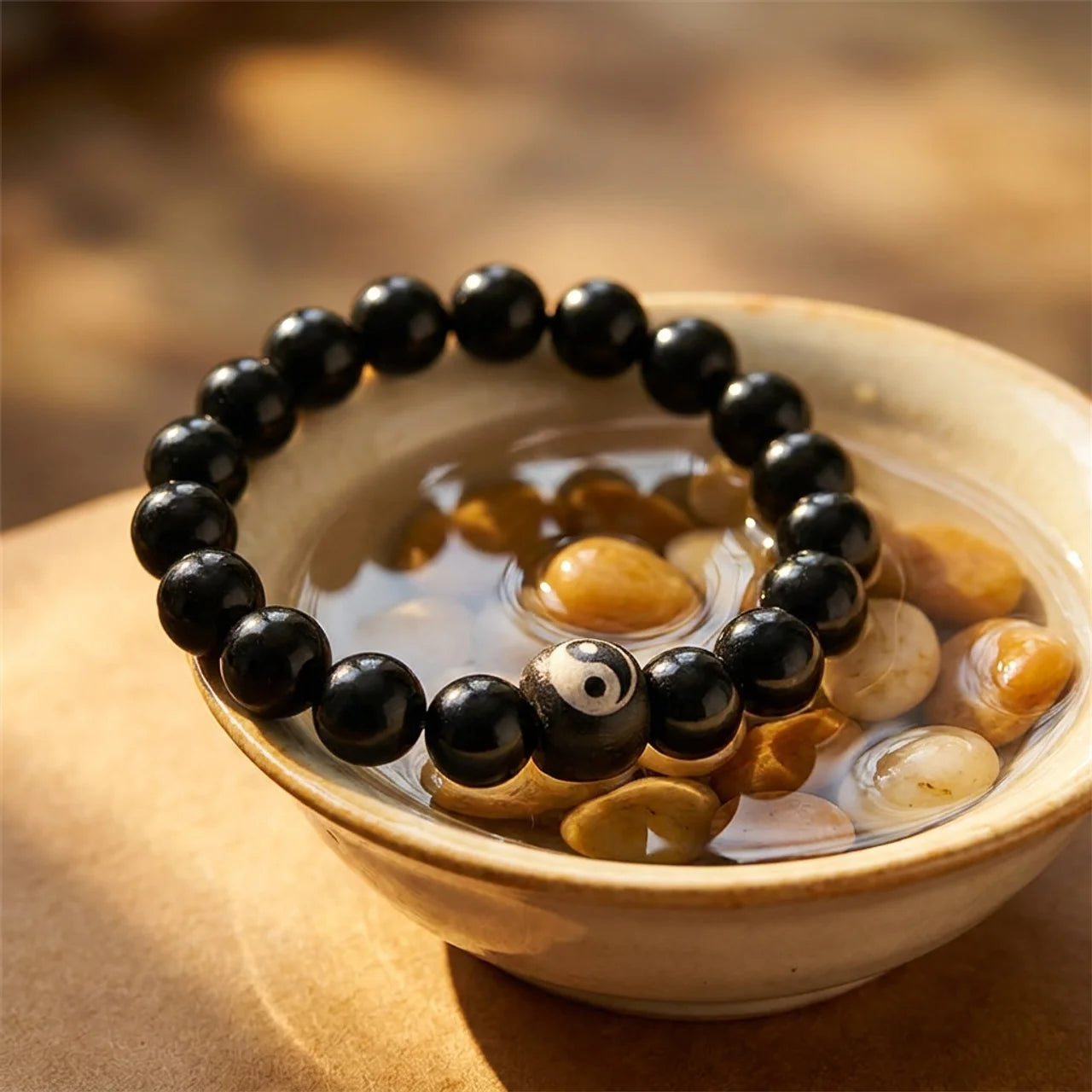Black Onyx Obsidian Bagua Bead Bracelet