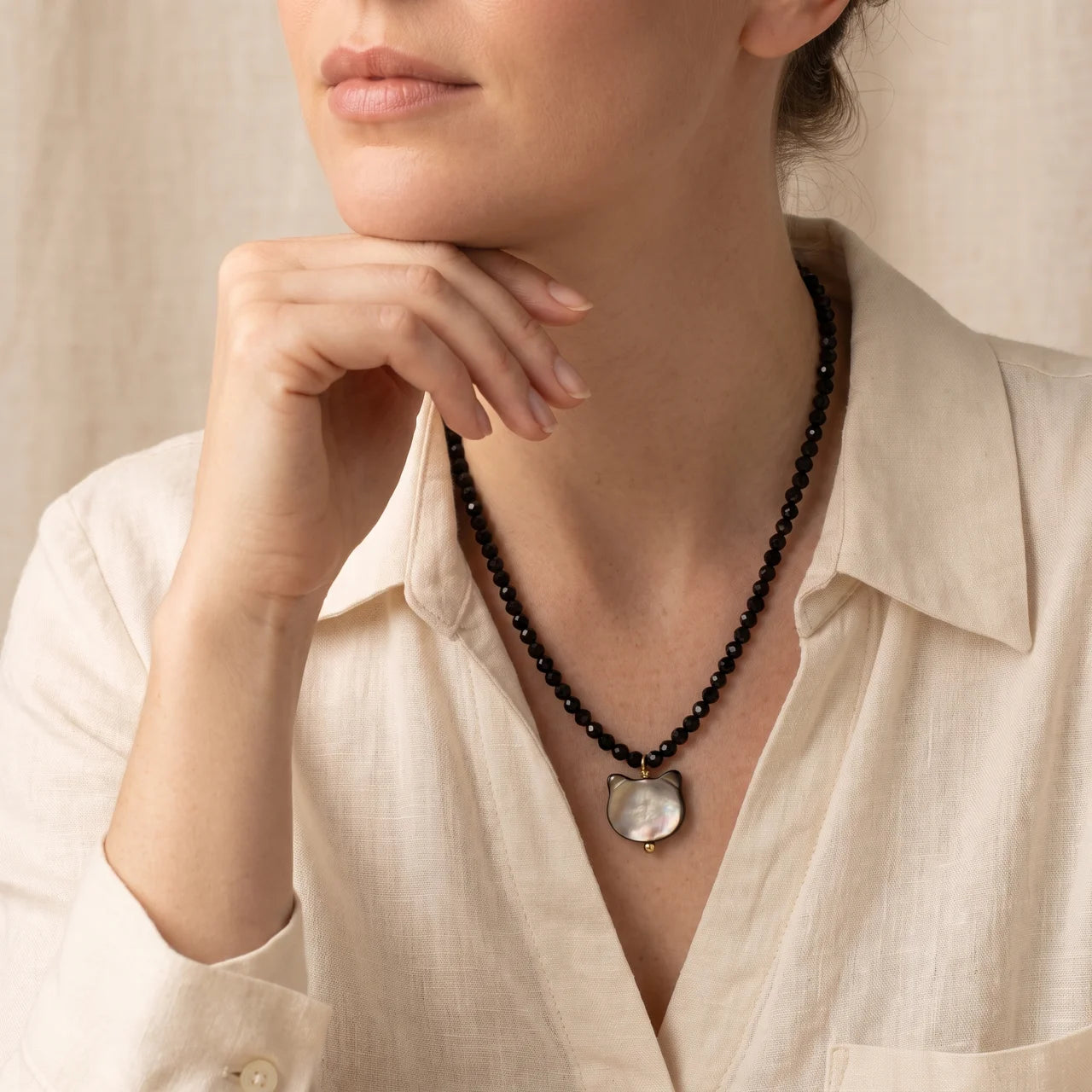 Black Spinel Cat Pendant Choker Necklace