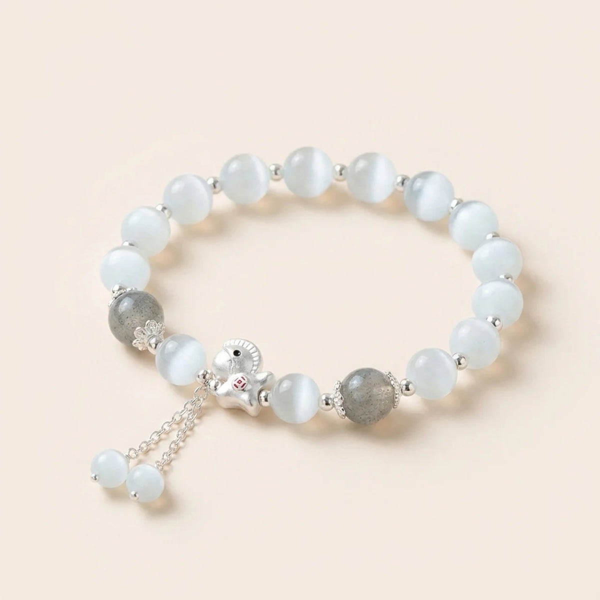 Black Obsidian Grey Moonstone Horse Bracelet